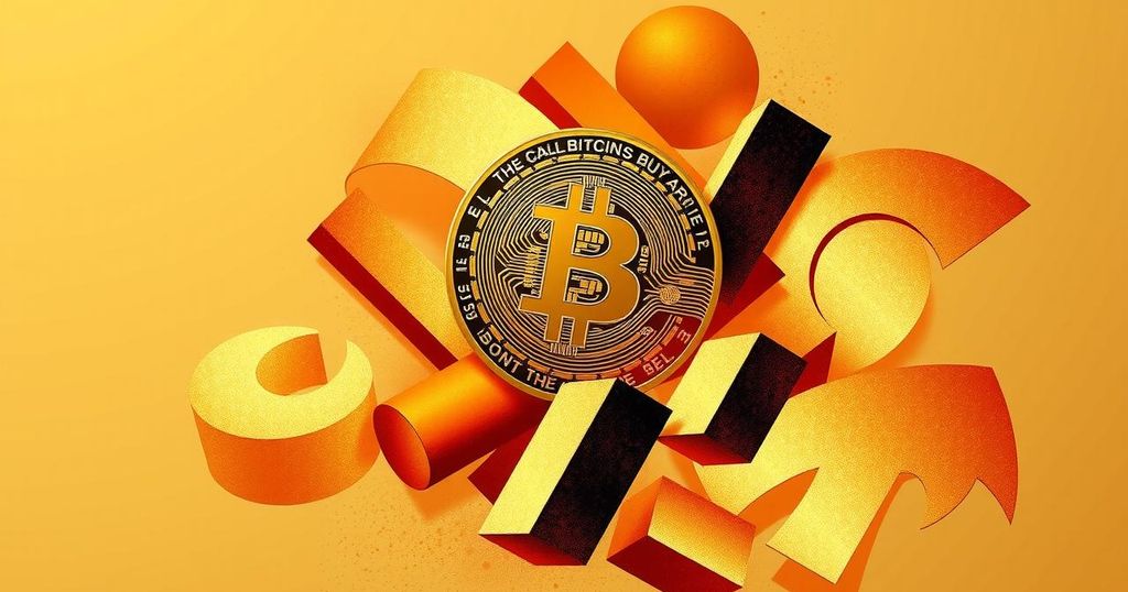 A conceptual representation of Bitcoin and financial change with abstract shapes and warm colours.