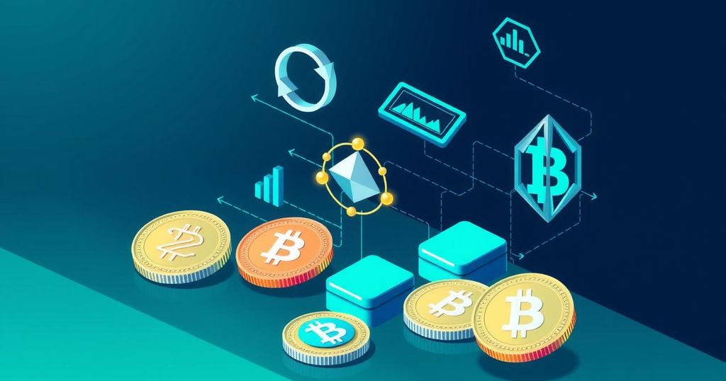 Illustration of cryptocurrency with symbols and gold coins set against a blue and green digital background.