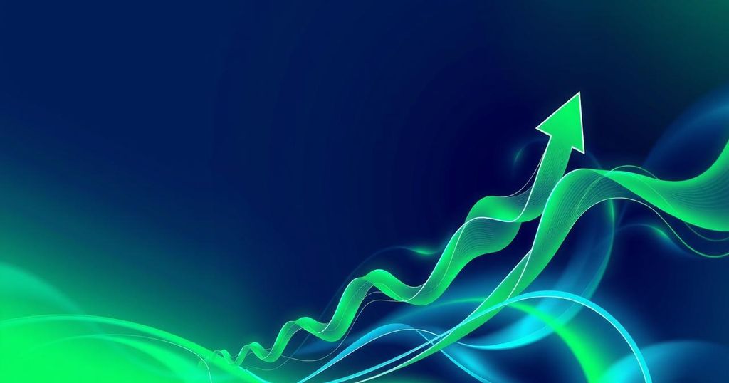 An abstract representation of a bullish cryptocurrency market, with vibrant green and blue tones illustrating growth.