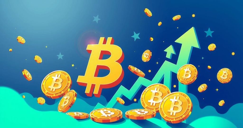 Bitcoin price surge illustration with upward arrows, digital coins, and vibrant blue and green colours.