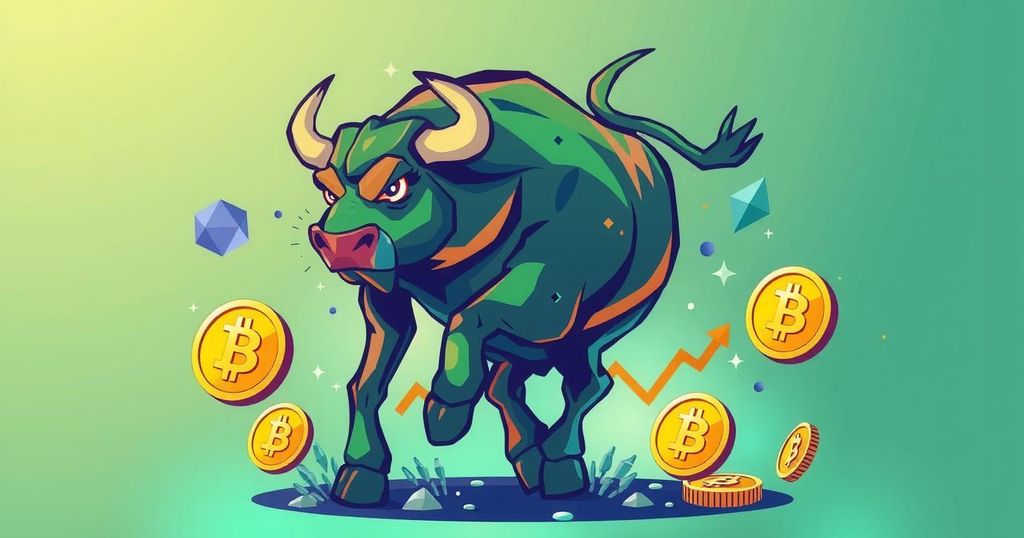 Graphical representation of a bull with Bitcoin and token symbols in vibrant colours, reflecting potential investments for the future.