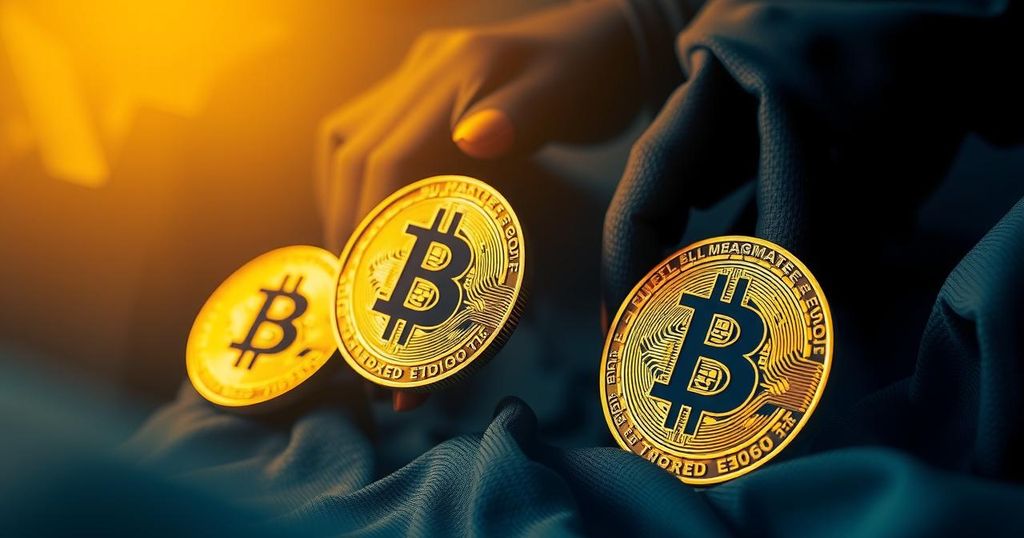 A digital rendering of Bitcoin symbols against a backdrop of abstract gold and dark blue tones, reflecting market tension.