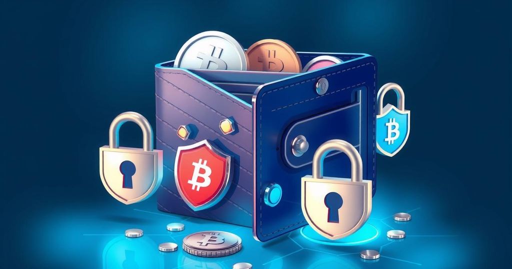 A digital wallet concept showcasing cryptocurrency transactions with secure elements in a tech-inspired style.