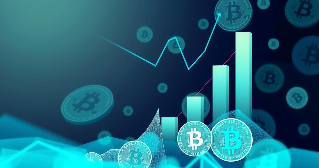 A vibrant digital illustration of cryptocurrency ETFs with soaring graphs and Bitcoin symbols in shades of blue and green.