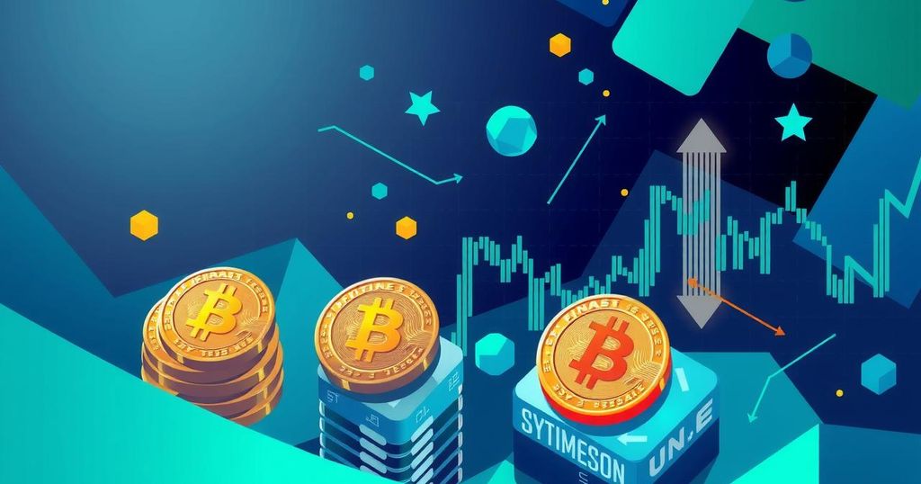 A dynamic cryptocurrency market landscape with Bitcoin symbols, digital graphs and abstract financial elements in blues and greens.