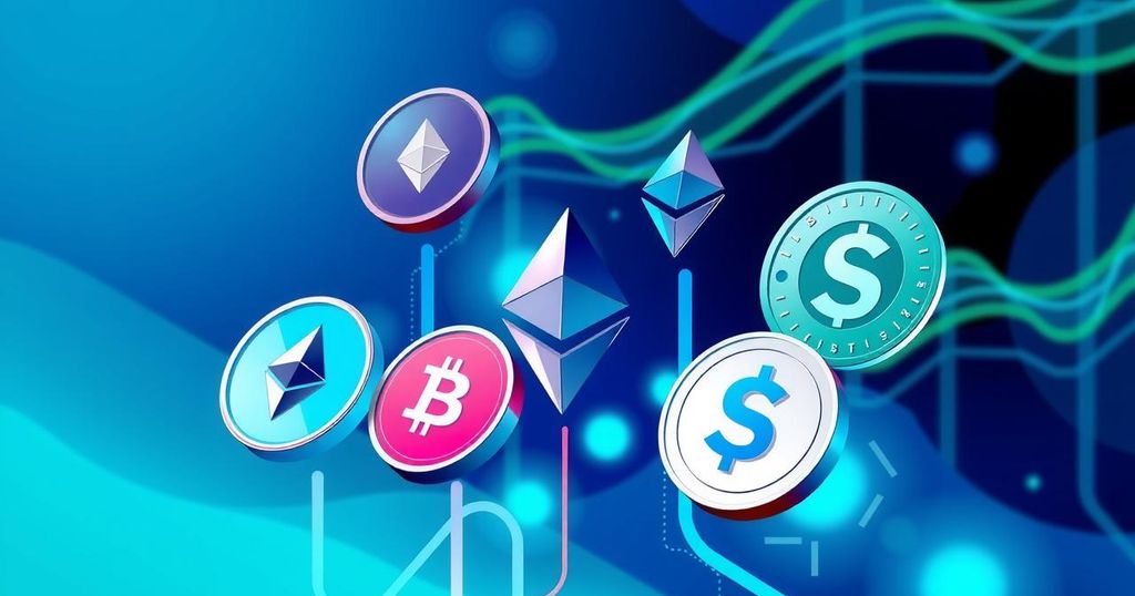 A digital illustration depicting vibrant altcoin symbols against a futuristic backdrop, symbolizing crypto exchange liquidity.