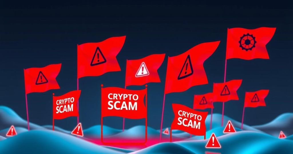 Illustration of red flags indicating crypto scams in a digital landscape, featuring bright colours and a tech-inspired design.