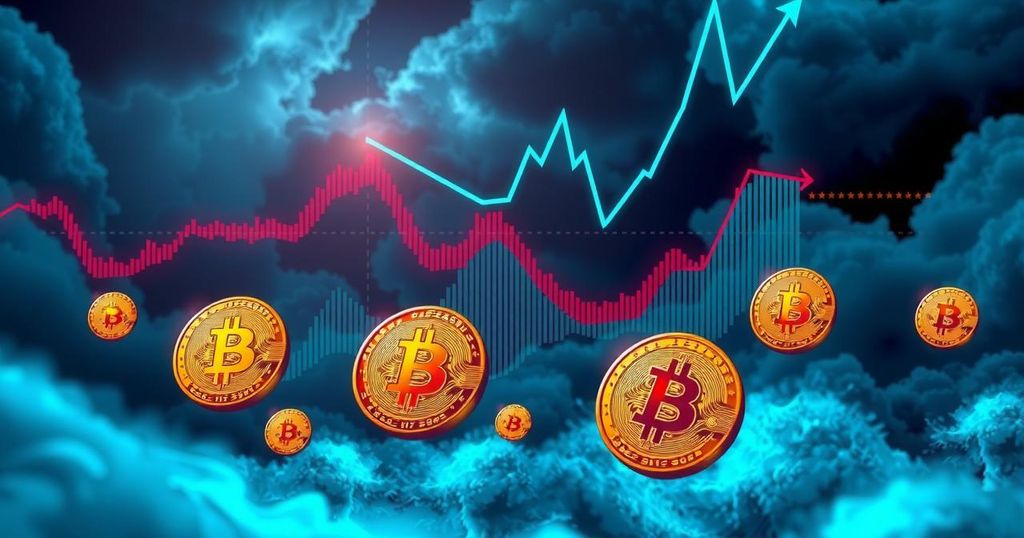A dramatic depiction of a fluctuating cryptocurrency market with charts, Bitcoin symbols, and stormy skies.