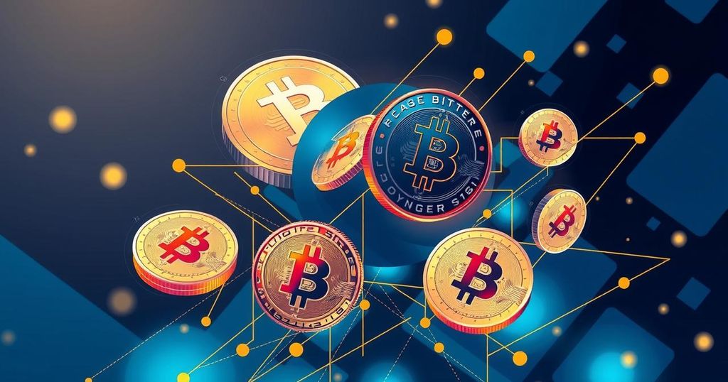 A conceptual illustration of cryptocurrency with digital coins and abstract geometric patterns, in a blue and gold colour scheme.
