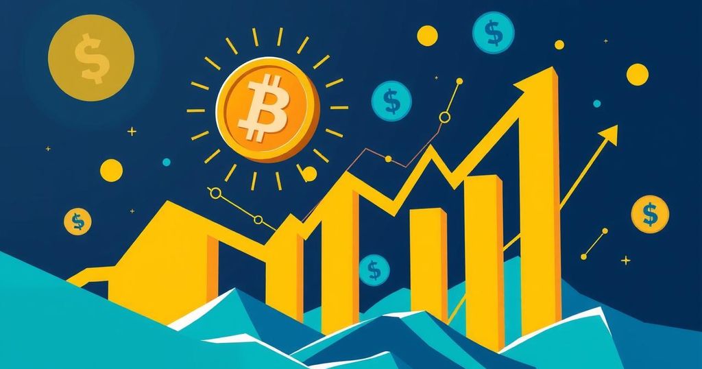 A digital illustration of a bullish bitcoin market with symbols of investment and finance in a vibrant colour scheme.