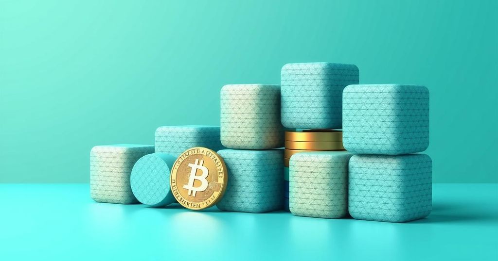 Abstract financial landscape featuring blocks symbolising stablecoins with a calm, structured atmosphere.