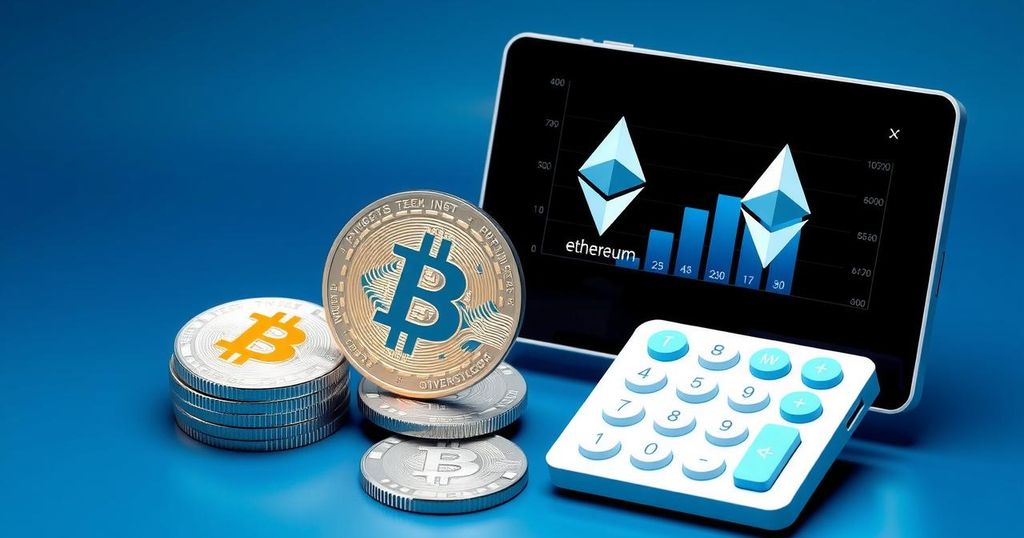A digital concept of cryptocurrency exchange with coins and a calculator, set in a modern style and blue tones.