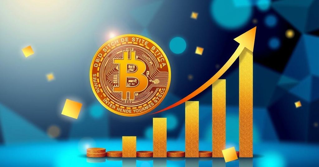 A digital representation of Bitcoin with an upward trend, incorporating vibrant blue and gold colours in a modern art style.
