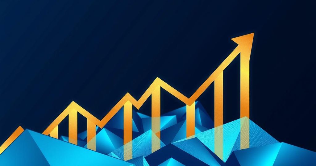 A digital artwork representing cryptocurrency growth and market fluctuations with abstract shapes in blue and gold.
