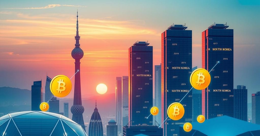 A digital representation of the South Korean skyline with emerging crypto symbols, reflecting innovation and growth.