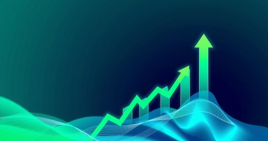 Abstract representation of Ethereum's price surge with bull motifs, bold lines, and a gradient of green and blue tones.