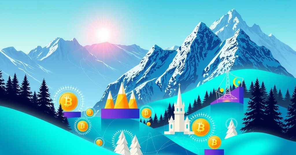 A digital landscape of cryptocurrencies and blockchain technology, with Swiss Alps in the background and vibrant colours.