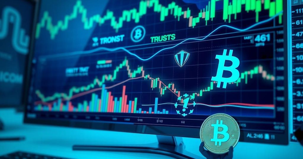 A modern trading platform with crypto symbols and a computer screen highlighting transparency in pricing.
