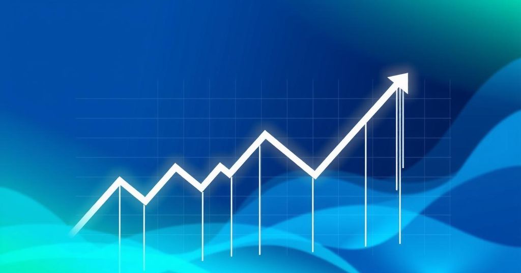 A digital graph illustrating cryptocurrency trends with arrows suggesting market movement in blue and green tones.