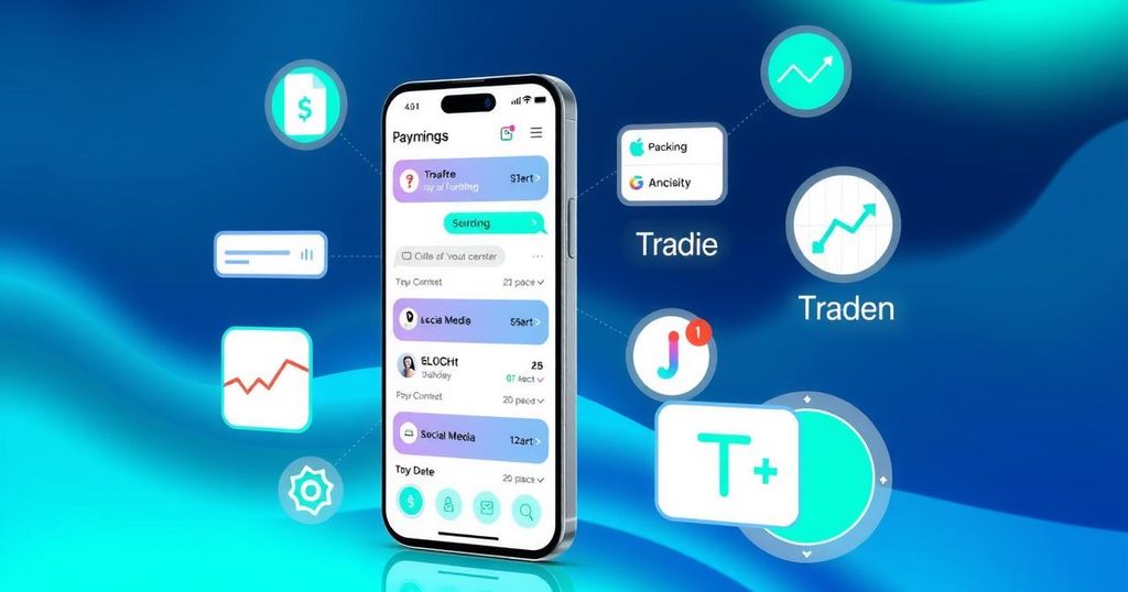 Visual representation of a cryptocurrency app interface showing diverse features like payments, messaging, and wallet functions.