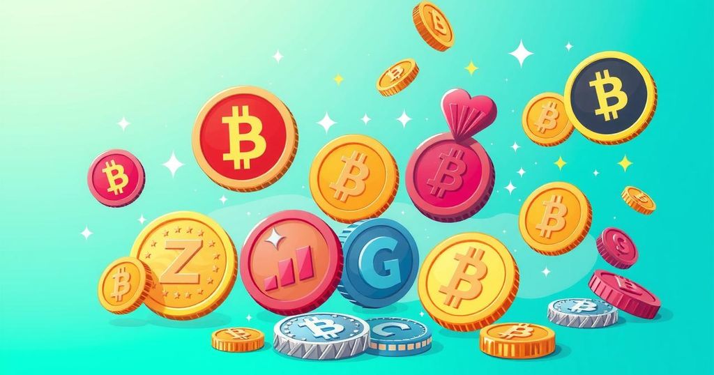 Vibrant digital coins, representing cryptocurrency trends with bright colours and a playful, cartoonish art style.