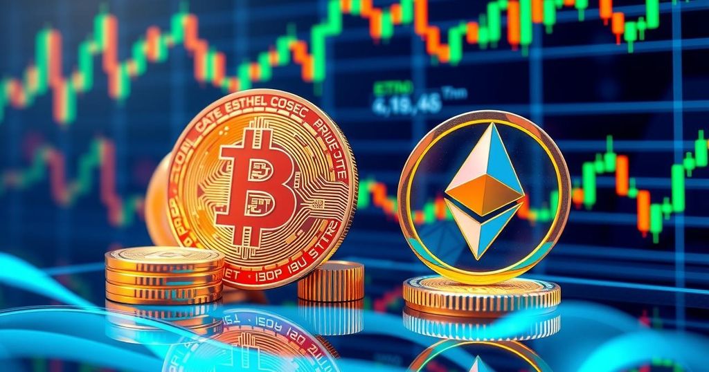 An abstract cryptocurrency scene showing Bitcoin and Ethereum symbols among fluctuating graphical trends and legislative documents.