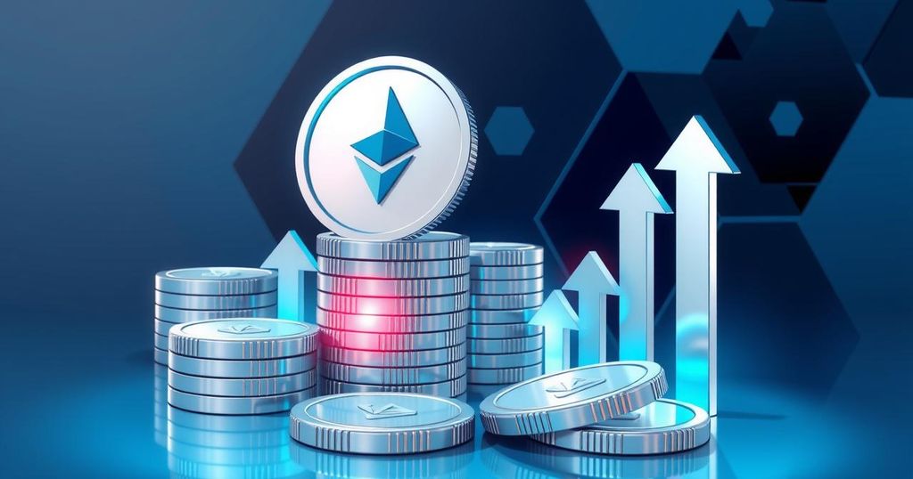 A digital representation of Ethereum coins with upward arrows, symbolizing market growth and investment strategy.