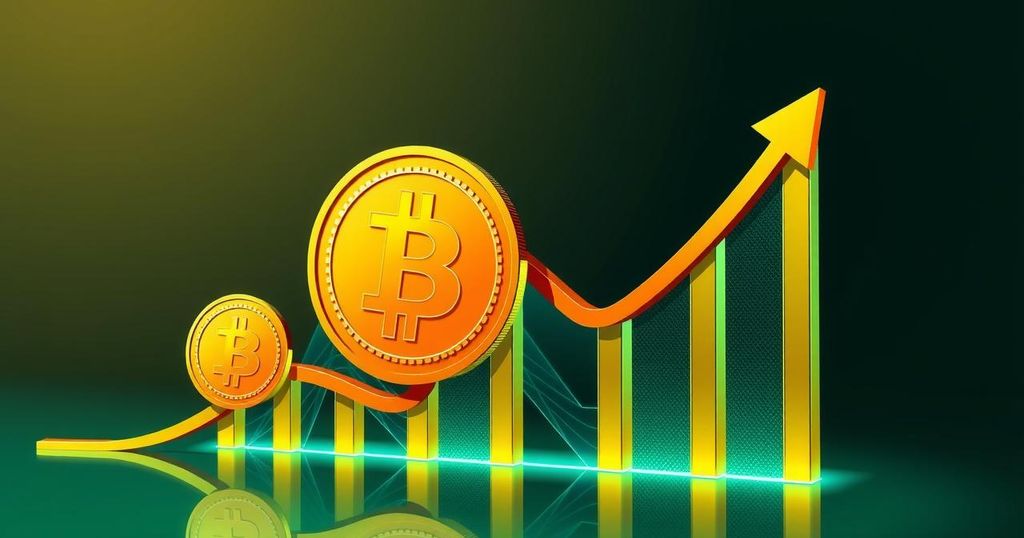 An upward graph showing Bitcoin's price surge with caution signs, in a modern digital art style with green and gold hues.