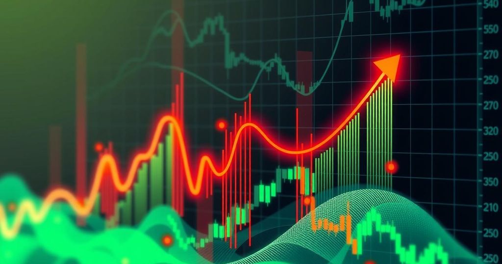 Vibrant cryptocurrency market chart showing upwards trends with dynamic colours representing Bitcoin price fluctuations.