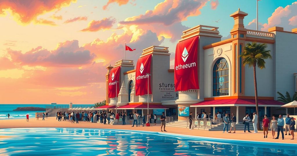 A bustling beachside conference showcasing Ethereum's growth, with festive colours and a vibrant atmosphere.
