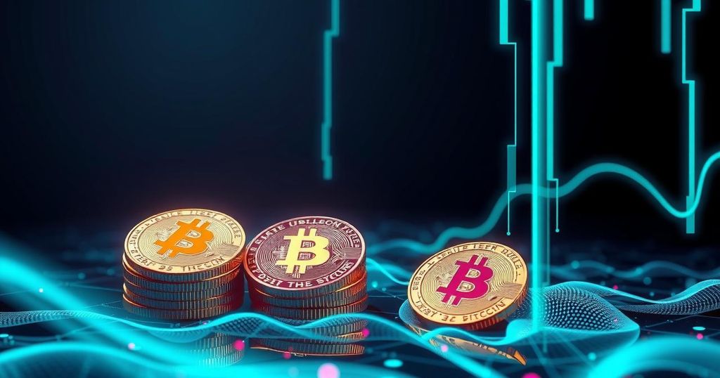 A futuristic digital design depicting cryptocurrency mining, with abstract coins and shimmering graphics in vibrant colours.