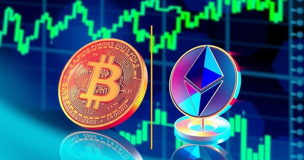 A digital artwork depicting Bitcoin and Ethereum as distinct symbols, with stocks in the background, colourful and dynamic.
