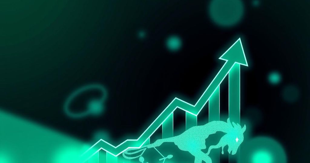 A bullish market trend with a digital currency symbol and an upward arrow, in a modern geometric design.