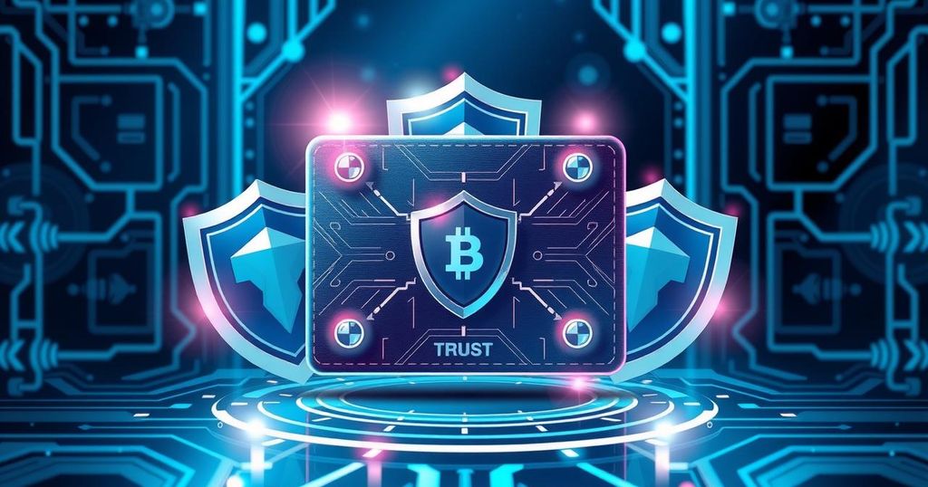 A sleek digital wallet surrounded by shields, representing security in cryptocurrency and safeguarding startups in a tech-themed design.