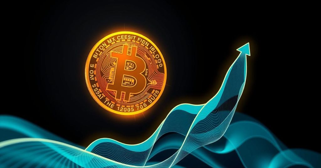 A digital representation of Bitcoin's rising value, featuring a Bitcoin symbol with an upward trend graph in vibrant colours.