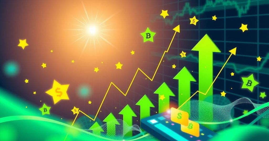 A vibrant market scene showcasing digital currency symbols with a rising trend chart, reflecting crypto growth and excitement.