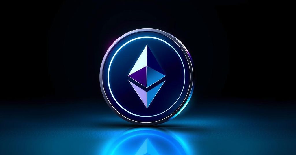 A high-tech digital representation of an Ethereum token in blue and green tones, symbolising blockchain transactions.