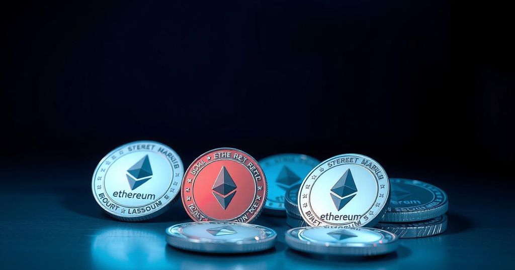 A digital artwork depicting Ethereum coins with a dark background illustrating market volatility and security concerns.