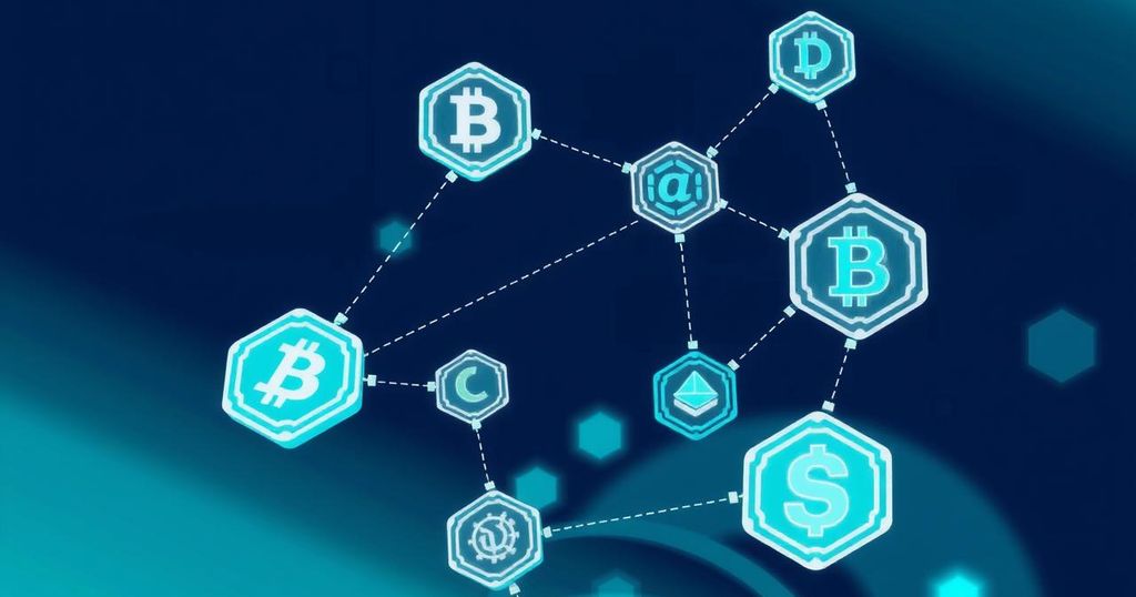 Conceptual illustration of blockchain technology with interconnected digital symbols in a modern style, blue and green tones.