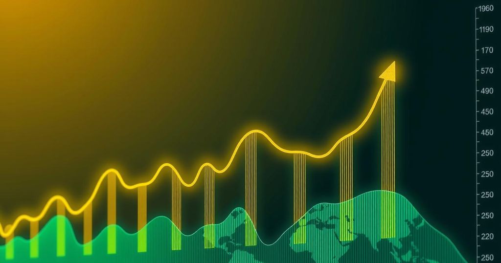A bullish trend chart with upward arrows, symbolising cryptocurrency market growth, in bright green and gold tones.