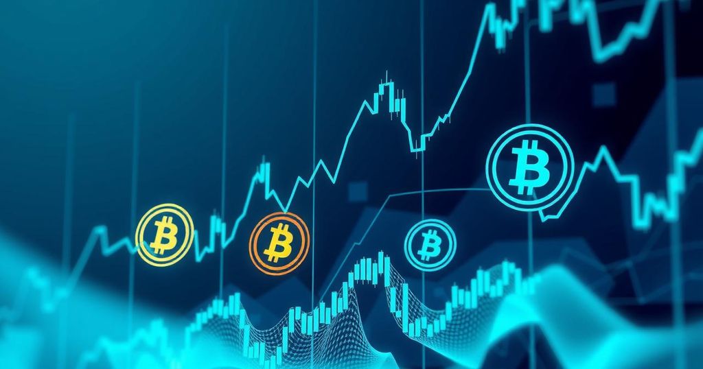 A visualisation of Bitcoin's market trends with fluctuating graphs and symbols representing trading activity