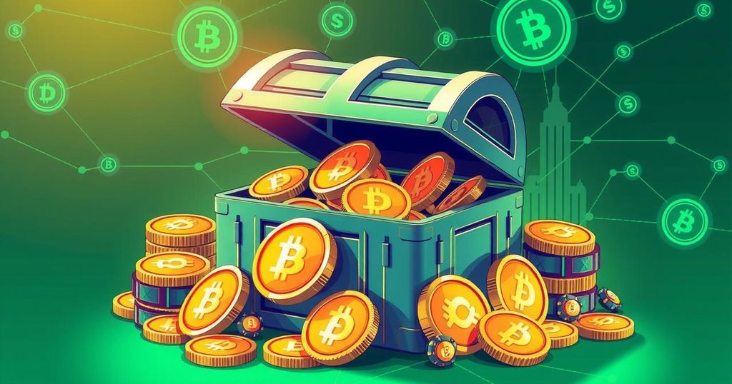 A vibrant illustration of a digital crypto treasury with Dogecoin coins and futuristic financial symbols.
