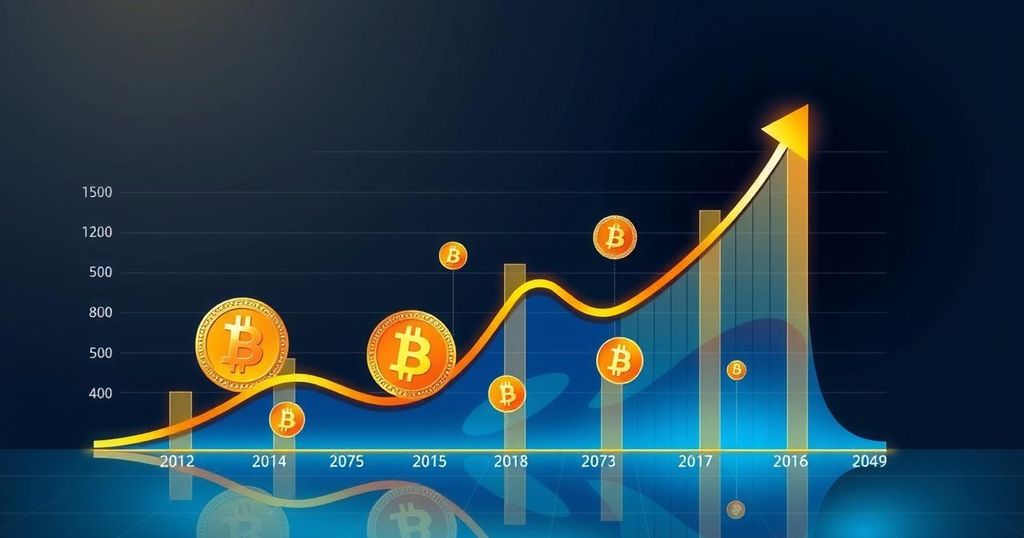 A digital representation of bitcoin price trends and predictions for 2025 to 2035.