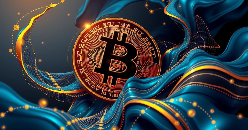 A digital representation of a futuristic Bitcoin symbol surrounded by abstract representations of economic challenges and financial growth.