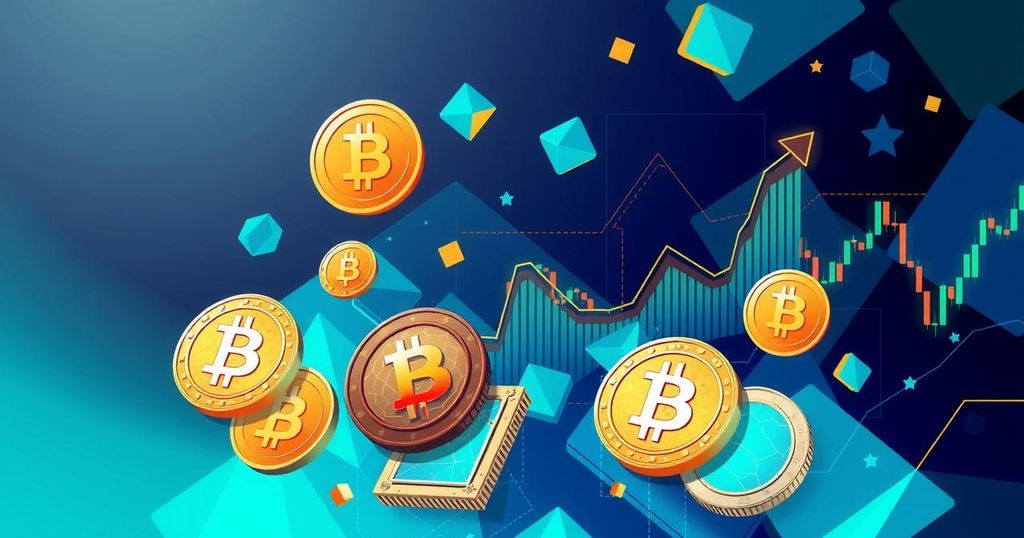 A digital representation of cryptocurrencies with vibrant colours showing trading charts and various trading pairs.