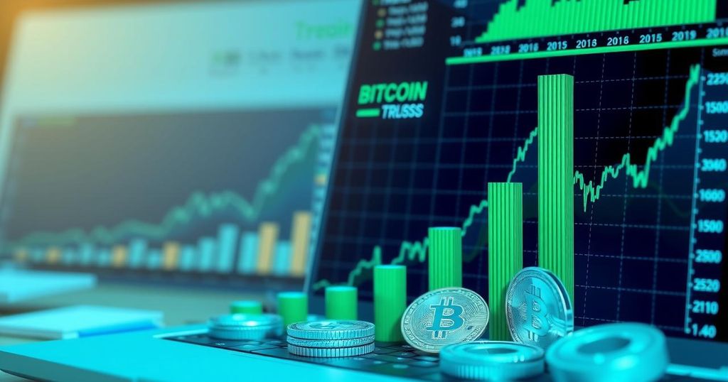 A graph of Bitcoin price trends with bullish indicators and academic reports on cryptocurrency investments.