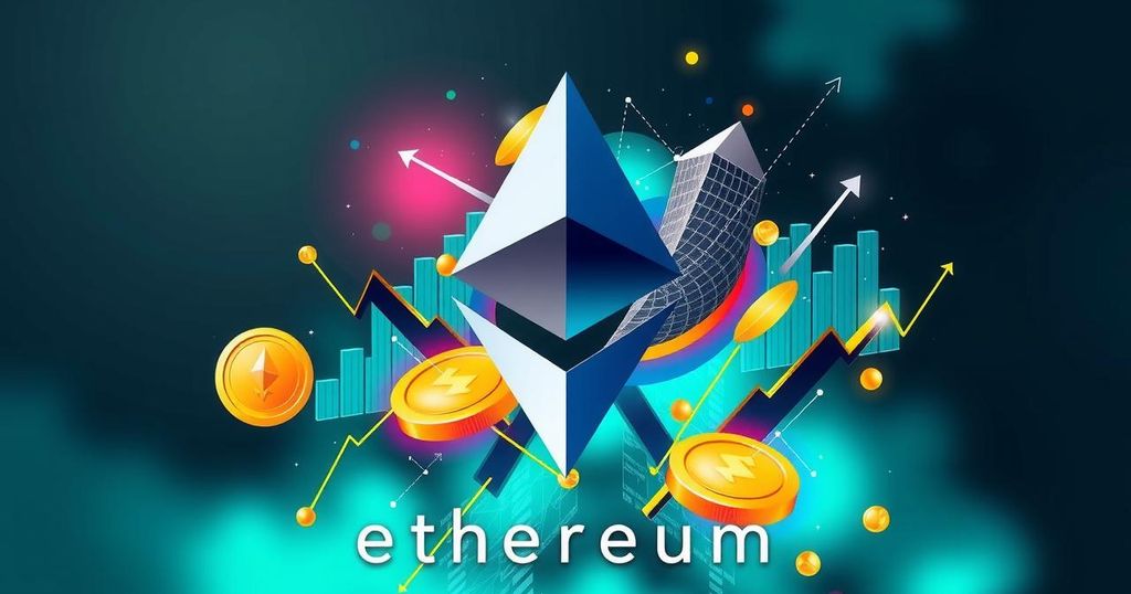 A digital representation of Ethereum with a strong price performance amidst vibrant graphic elements and a blue-green colour scheme.