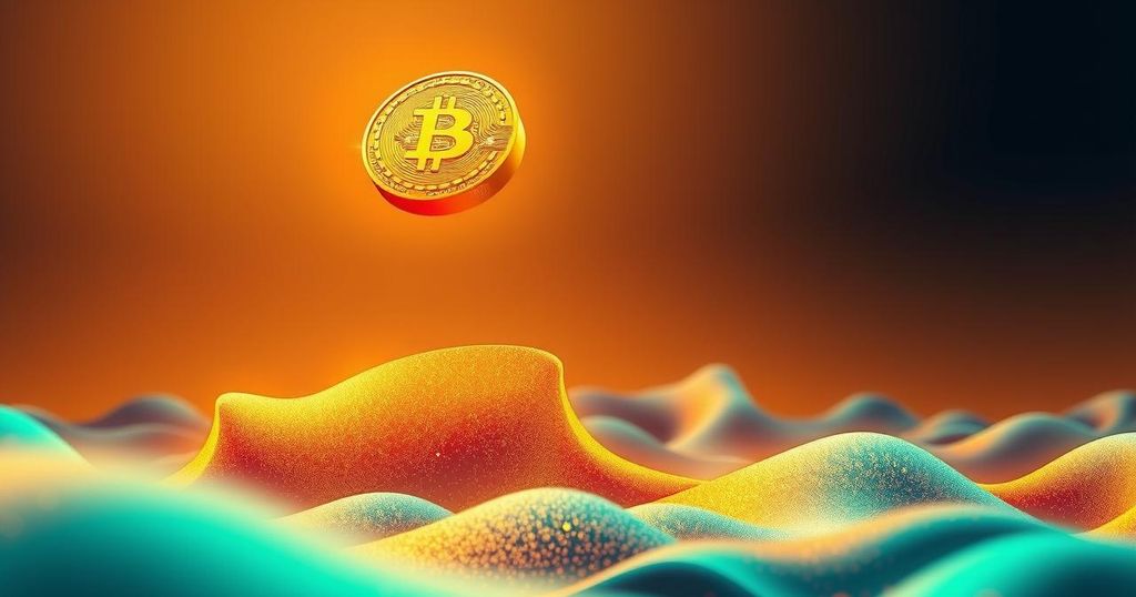 Golden bitcoin coin soaring above a digital landscape in vibrant hues, symbolising cryptocurrency growth and optimism.