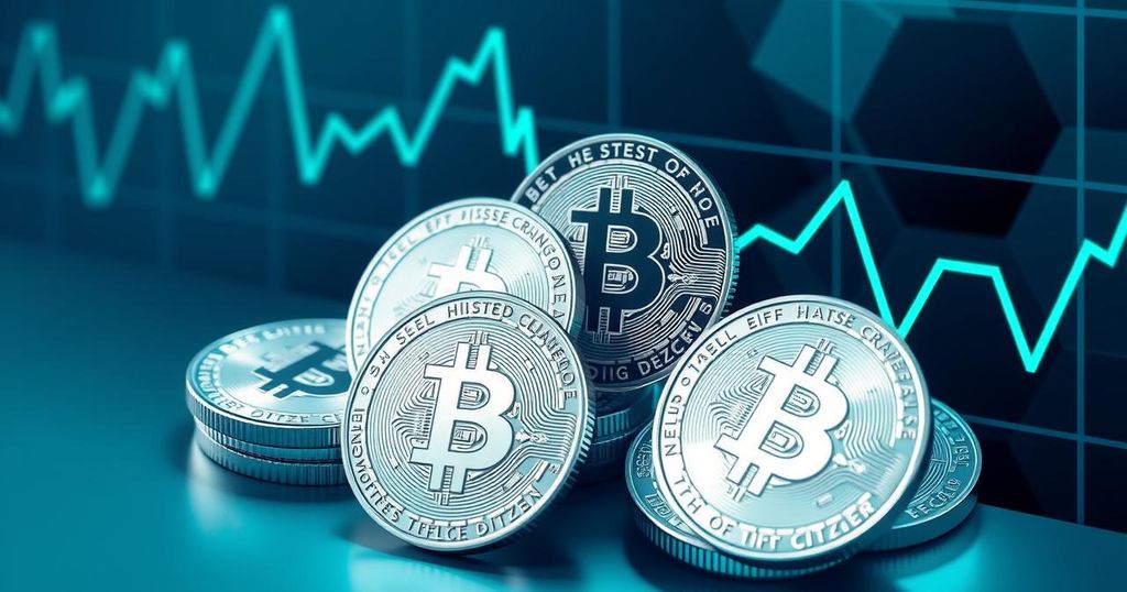 Abstract representation of cryptocurrency inflows with digital coins and a fluctuating graph on a dark background.