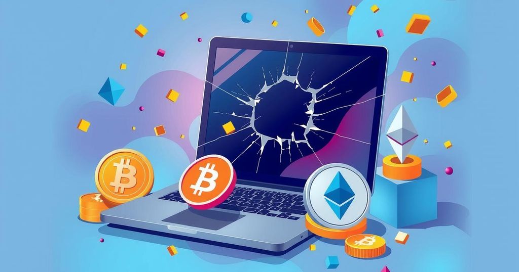 A representation of cyber fraud with digital currency symbols and a laptop, in a modern art style using bold colours.